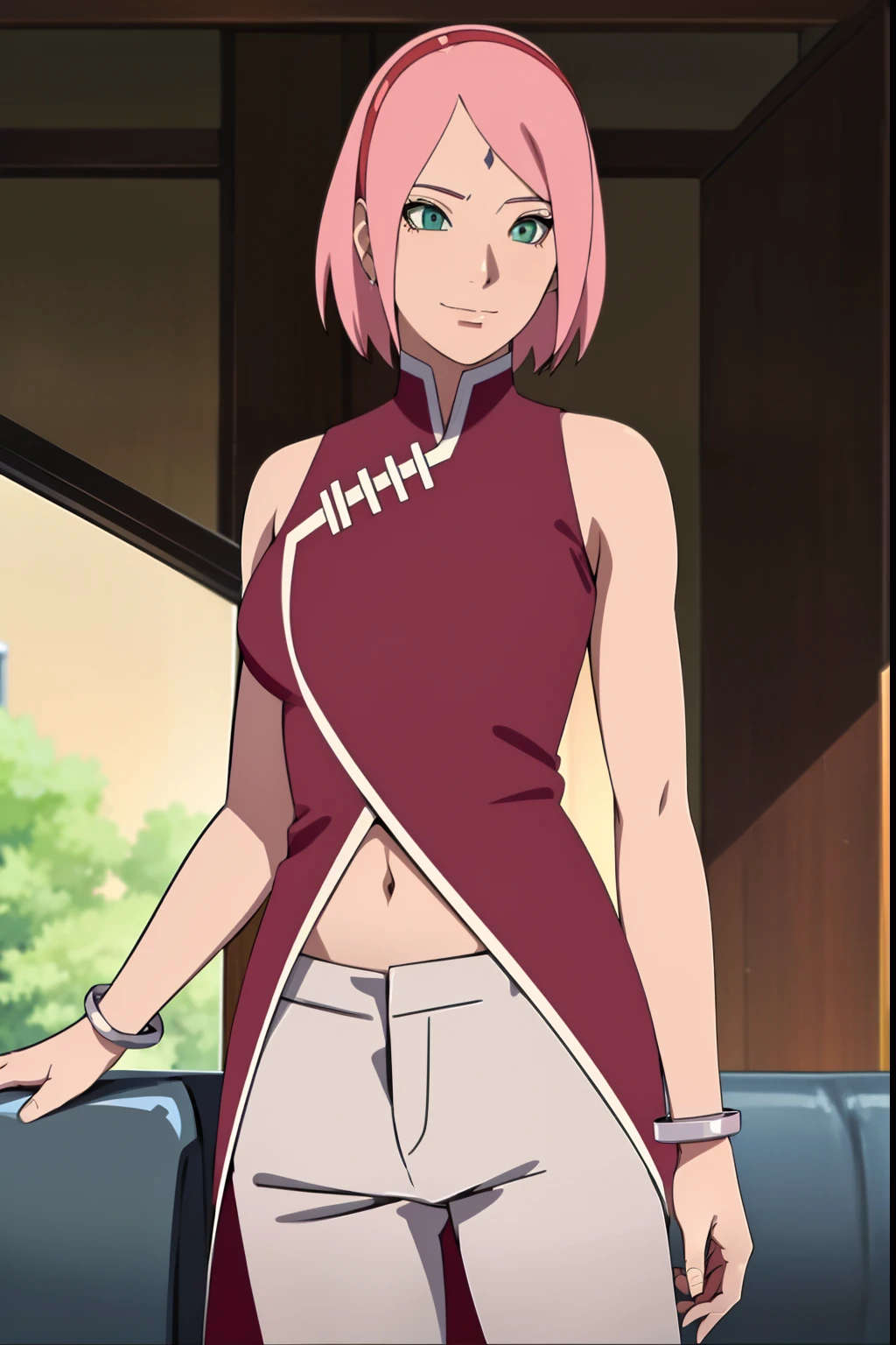 masterpiece, 4k, portrait, cowboy shot, (night), professional artwork, intricate details, colorful, digital blending, (ultra detailed body, ultra detail hair, ultra detail face), trending on pixiv, kind smile, best quality, anime style: 1.9, 1girl, hires, haruno sakura, (forehead mark, milf, red hairband, pale skin, (small breasts), short hair, ((red sleeveless dress,), white pants), (navel, belly button, slender body, slender belly, bracelet, pink hair, closed mouth, big eyes), smile, beach, wind, floating hair, detailed arms, off-shoulders, broad shoulders, (slightly muscular arms, slightly strong biceps), armpit on couch, rips, , fancy couch, relaxing, (hand leaning on couch, laying)