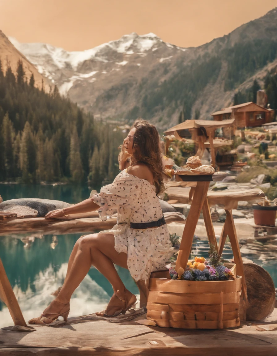 ,high high quality,8K,Many details,Ice cream is like a mountain,Little cherry,chocolate bar,The shape of the rotation is beautiful,adolable,Rich in color,Poster illustration,The foreground is surrounded by wildflowers,Advertising poster advertising promotion,Beautifully composed,Far Mountain,rosy clouds