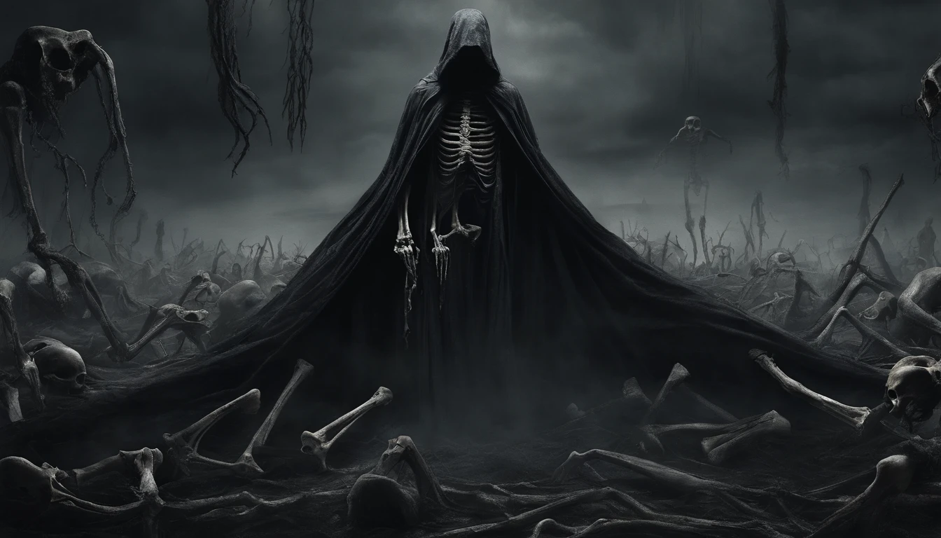 Create a high-definition (HD) illustration of a dark figure wearing a dark cloak. Its body is composed of bones, but not in a typical way, rather, bones are arranged in a terrifying manner. Faces of souls are carved all over its body, speaking of their sins and regrets, screaming in pain. The scene should convey a dark and eerie atmosphere with a color palette limited to black and gray, emphasizing the haunting details of the bones and trapped souls