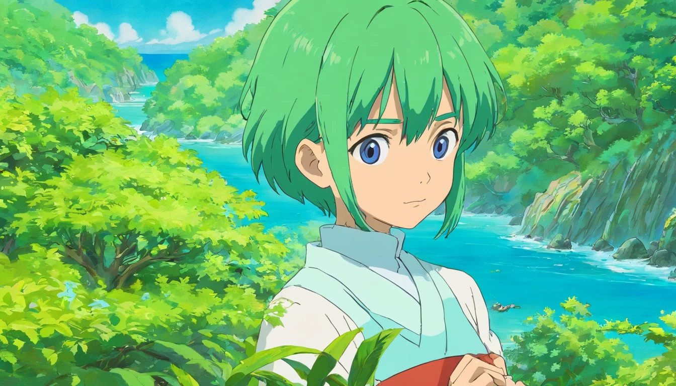 um menino usando um colar de anime, no estilo de paisagens de jardim tranquilas, animated color photos, Masami Teraoka, aquamarine, Paulo Gauguin, Estilo Embry, retrato honesto