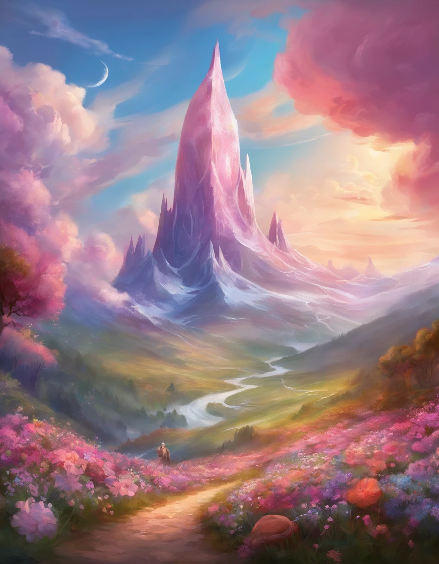 ,high high quality,8K,Many details,Ice cream is like a mountain,Little cherry,chocolate bar,The shape of the rotation is beautiful,adolable,Rich in color,Poster illustration,The foreground is surrounded by wildflowers,Advertising poster advertising promotion,Beautifully composed,Far Mountain,rosy clouds