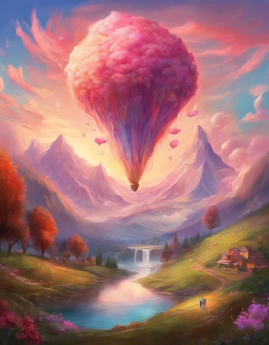 ,high high quality,8K,Many details,Ice cream is like a mountain,Little cherry,chocolate bar,The shape of the rotation is beautiful,adolable,Rich in color,Poster illustration,The foreground is surrounded by wildflowers,Advertising poster advertising promotion,Beautifully composed,Far Mountain,rosy clouds