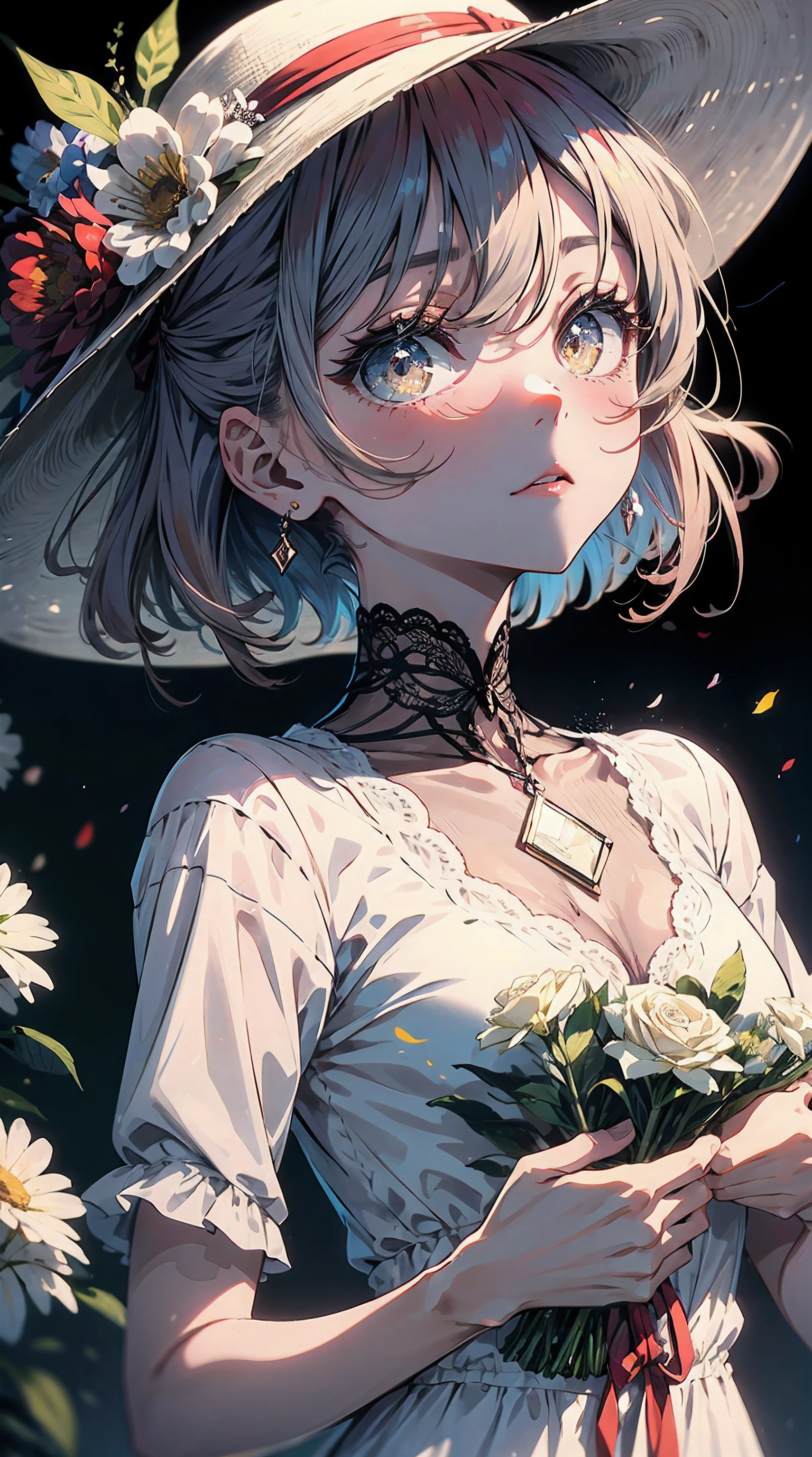 ((obra-prima, melhor qualidade)), 1girl, flor, solo, gasai yuno, vestido, segurando, heaven, nuvem, kalap, ao ar livre, franja, bouquet, rosa, gasai yuno, no expression, blush, cabelo rosa, campo de flores, flor vermelha, olhos cor-de-rosa, vestido branco, olhando para o espectador, cabelo midiium, segurando flor, seios pequenos, rosa vermelha, holding bouquet, sunhat, headwear branco, profundidade de campo