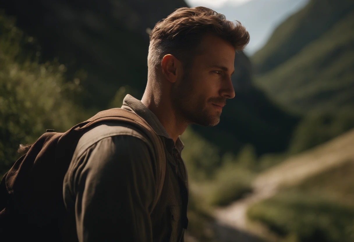 (photorealistic), male, beautiful lighting, best quality, realistic, whole figure, real image, intricate details, depth of field, mountain tourist, in summer landscape, highly detailed, high, Fujifilm XT3, outdoors, bright day, beautiful lighting, RAW photo, 8k uhd, film grain, ((bokeh))