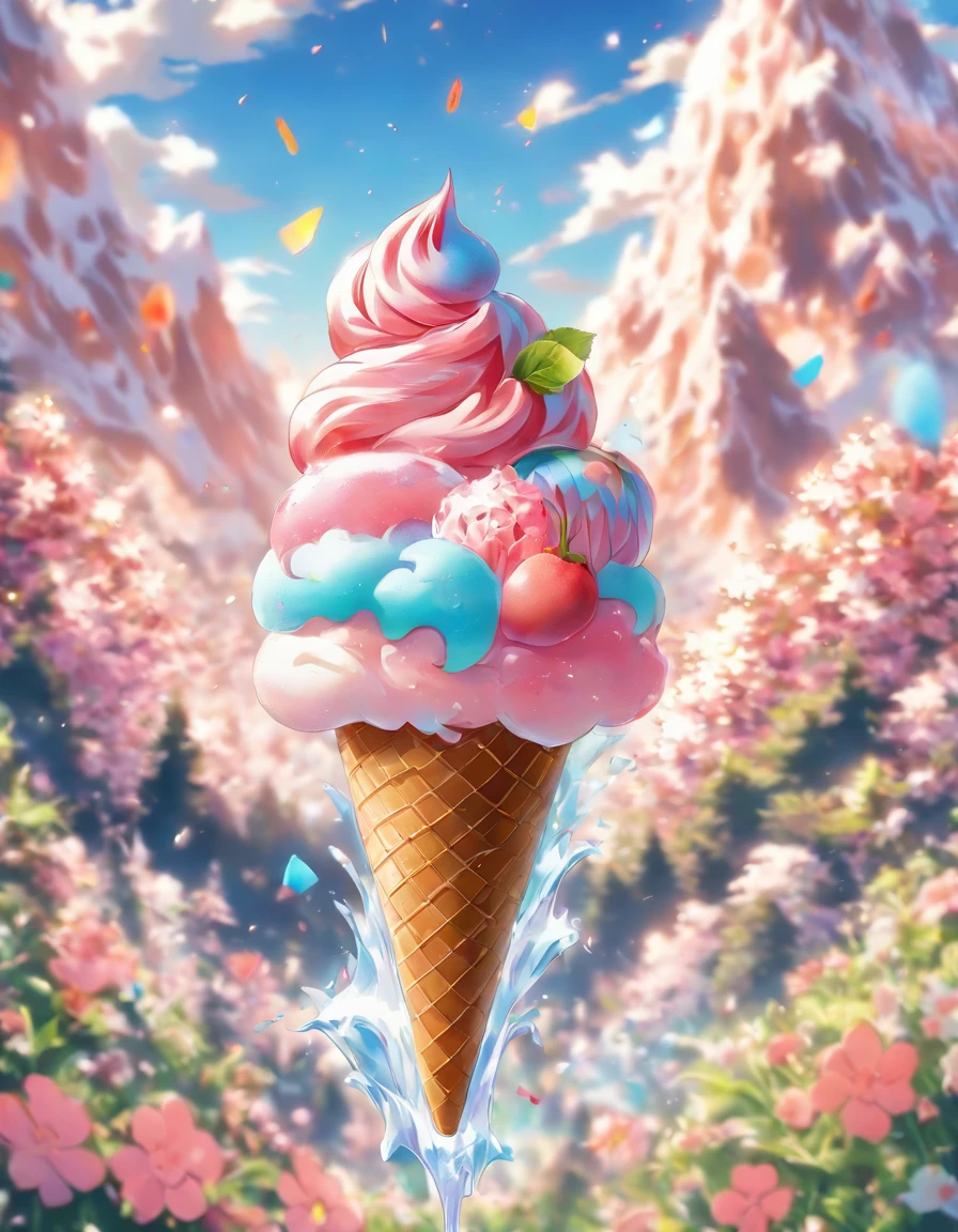 ,high high quality,8K,Many details,Ice cream is like a mountain,Little cherry,chocolate bar,The shape of the rotation is beautiful,adolable,Rich in color,Poster illustration,The foreground is surrounded by wildflowers,Advertising poster advertising promotion,Beautifully composed,Far Mountain,rosy clouds