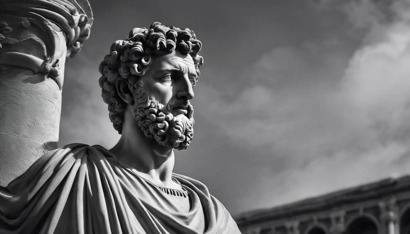 a portrait statue of the stoic Marcus Aurelius in black and white 4K,Face de lado, papel de parede super realista