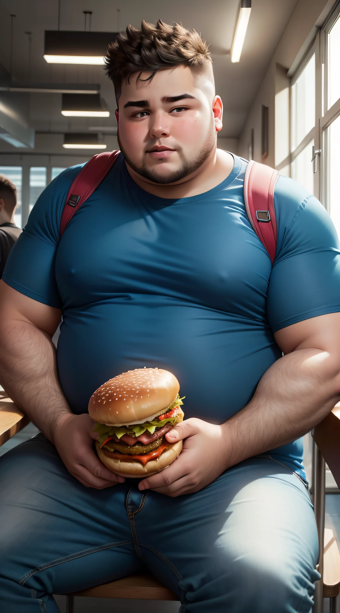 obese young man, looking straight ahead, sitting in a cafeteria, holding a hamburger in his hand, blue t-shirt, backpack on back, realistic, hd, 8k