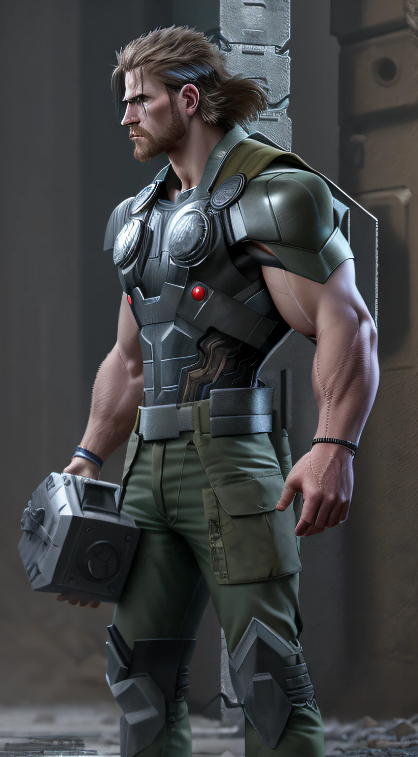 (photorealistic), (dramatic), concept art, (full torso), Thor holdnig hammer, metal gear, intricate, realistic, volumetric lighting,