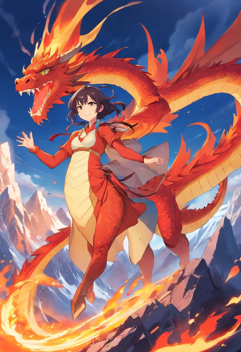 Draw a scene in which a woman personifies a dragon。Her skin is a scorching red、Her beautiful hair flutters like flames、On the back are spread mighty wings。Her eyes sparkled with bright red crimson eyes.、His gaze is full of strength and seduction and he is smiling.。 She stood on the summit of Mount Everest.、Around it are erupting volcanoes and creatures that live in flames。In her hand was a sword of fire.、Cause a calamity of flames with a single swing。Lava melts with magma at your feet。 This scene is、Strength、knowledge、glamor、Sexiness、And symbolizing domination、It expresses the characteristics of a dragon by associating it with the beauty of a woman.。Draw the charm and power of a female dragon personification。