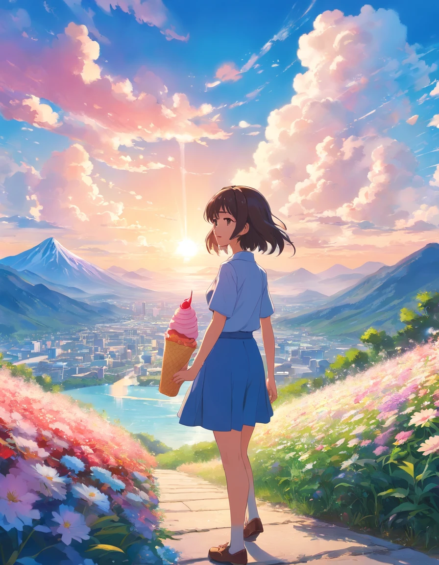 ,high high quality,8K,Many details,Ice cream is like a mountain,Little cherry,chocolate bar,The shape of the rotation is beautiful,adolable,Rich in color,Poster illustration,The foreground is surrounded by wildflowers,Advertising poster advertising promotion,Beautifully composed,Far Mountain,rosy clouds