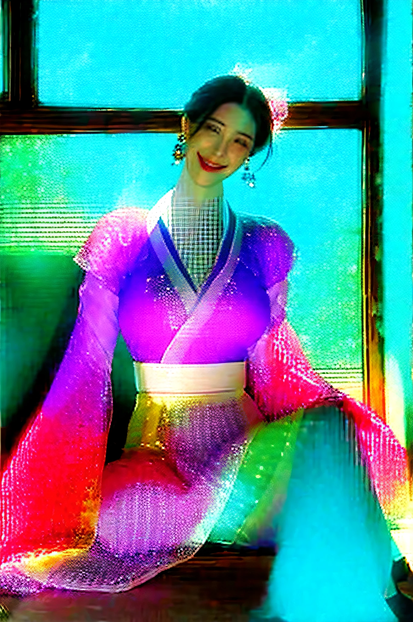 Delicate, masutepiece, Beautiful detailed, colourfull, Finely detailed,Detailed lips, Intricate details, (1 woman:1.1), (a gorgeous beautiful 30 age years old sexy korean woman:1.1),(Kpop Idol, Korean mixed), (Tied hair:1.1), (50mm Sigma f/1.4 ZEISS lens, F1.4, 1/800s, ISO 100, fotograpy:1.1), large full breasts,(Photorealistic:1.1), Solo, up looking_で_viewer, Tall lady, ,Happy smile, from a_front, earrings, slim_Legs, skinny, Thigh_the gap, Model, Lens Flare, Choker,(hanbok+See-through silhouette, Wedge Heel:1.3), korean commentary, Korean_Street, Korean_traditional_Duan,1boy, Open leg sitting, vaginal, POV,