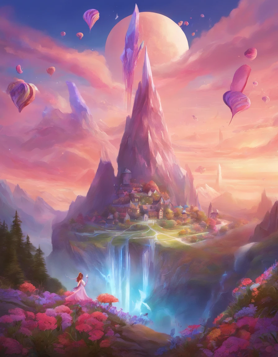 ,high high quality,8K,Many details,Ice cream is like a mountain,Little cherry,chocolate bar,The shape of the rotation is beautiful,adolable,Rich in color,Poster illustration,The foreground is surrounded by wildflowers,Advertising poster advertising promotion,Beautifully composed,Far Mountain,rosy clouds