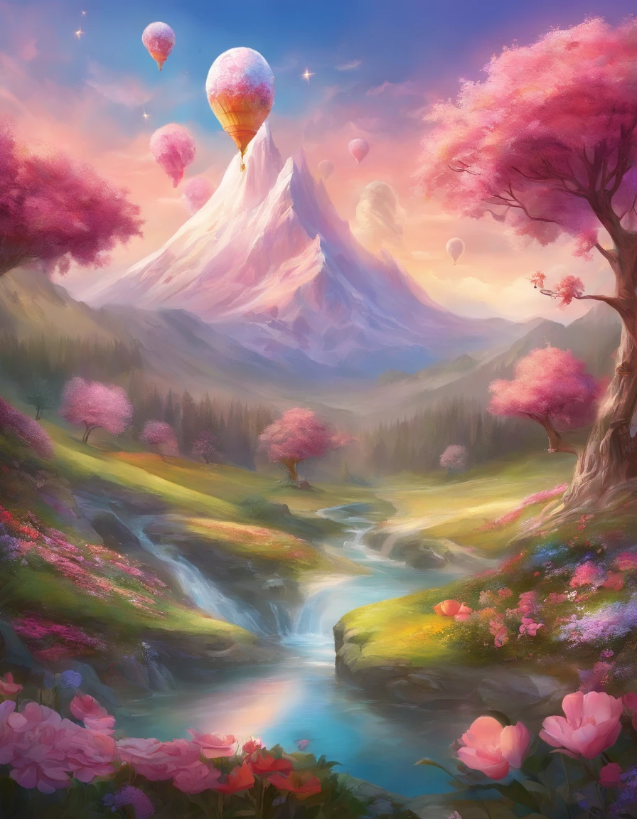,high high quality,8K,Many details,Ice cream is like a mountain,Little cherry,chocolate bar,The shape of the rotation is beautiful,adolable,Rich in color,Poster illustration,The foreground is surrounded by wildflowers,Advertising poster advertising promotion,Beautifully composed,Far Mountain,rosy clouds