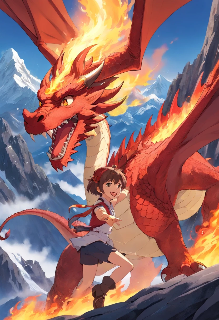 Draw a scene in which a woman personifies a dragon。Her skin is a scorching red、Her beautiful hair flutters like flames、On the back are spread mighty wings。Her eyes sparkled with bright red crimson eyes.、His gaze is full of strength and seduction and he is smiling.。 She stood on the summit of Mount Everest.、Around it are erupting volcanoes and creatures that live in flames。In her hand was a sword of fire.、Cause a calamity of flames with a single swing。Lava melts with magma at your feet。 This scene is、Strength、knowledge、glamor、Sexiness、And symbolizing domination、It expresses the characteristics of a dragon by associating it with the beauty of a woman.。Draw the charm and power of a female dragon personification。