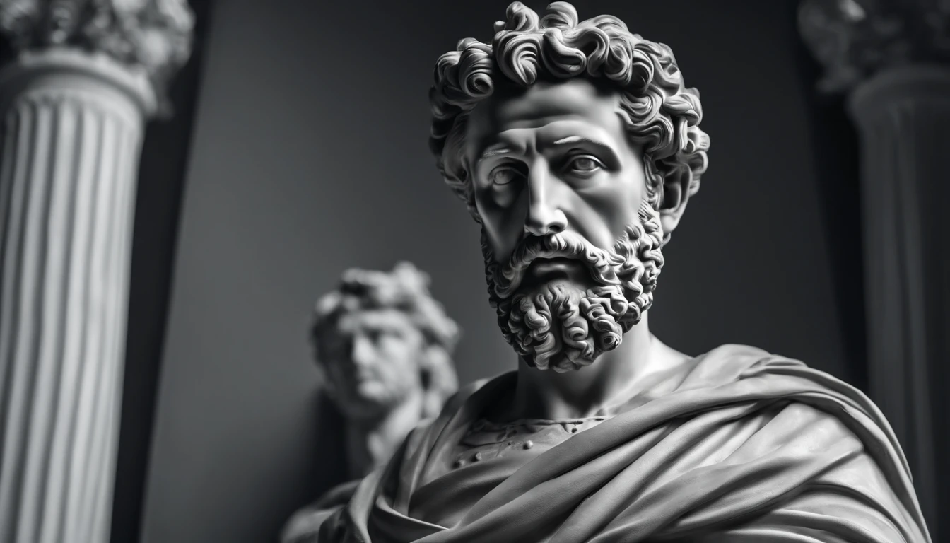 a portrait statue of the stoic Marcus Aurelius in black and white 4K,Face de lado, papel de parede super realista