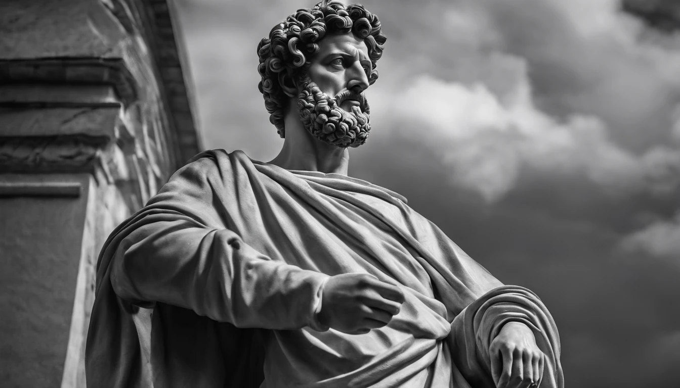 a portrait statue of the stoic Marcus Aurelius in black and white 4K,Face de lado, papel de parede super realista