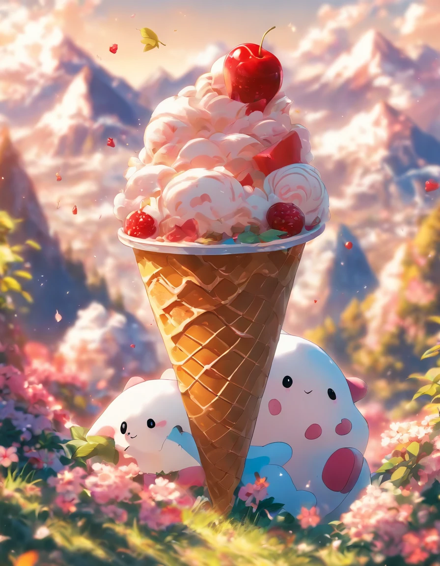 ,high high quality,8K,Many details,Ice cream is like a mountain,Little cherry,chocolate bar,The shape of the rotation is beautiful,adolable,Rich in color,Poster illustration,The foreground is surrounded by wildflowers,Advertising poster advertising promotion,Beautifully composed,Far Mountain,rosy clouds