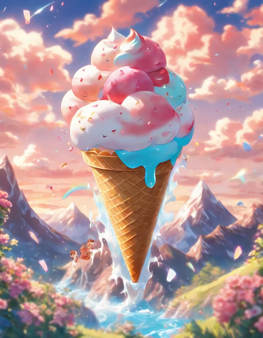 ,high high quality,8K,Many details,Ice cream is like a mountain,Little cherry,chocolate bar,The shape of the rotation is beautiful,adolable,Rich in color,Poster illustration,The foreground is surrounded by wildflowers,Advertising poster advertising promotion,Beautifully composed,Far Mountain,rosy clouds