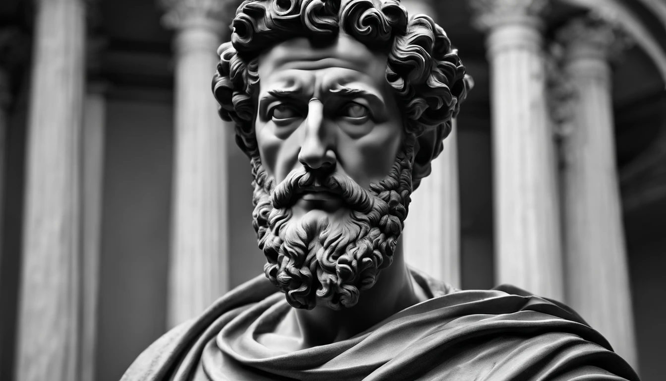 a portrait statue of the stoic Marcus Aurelius in black and white 4K,Face de lado, papel de parede super realista