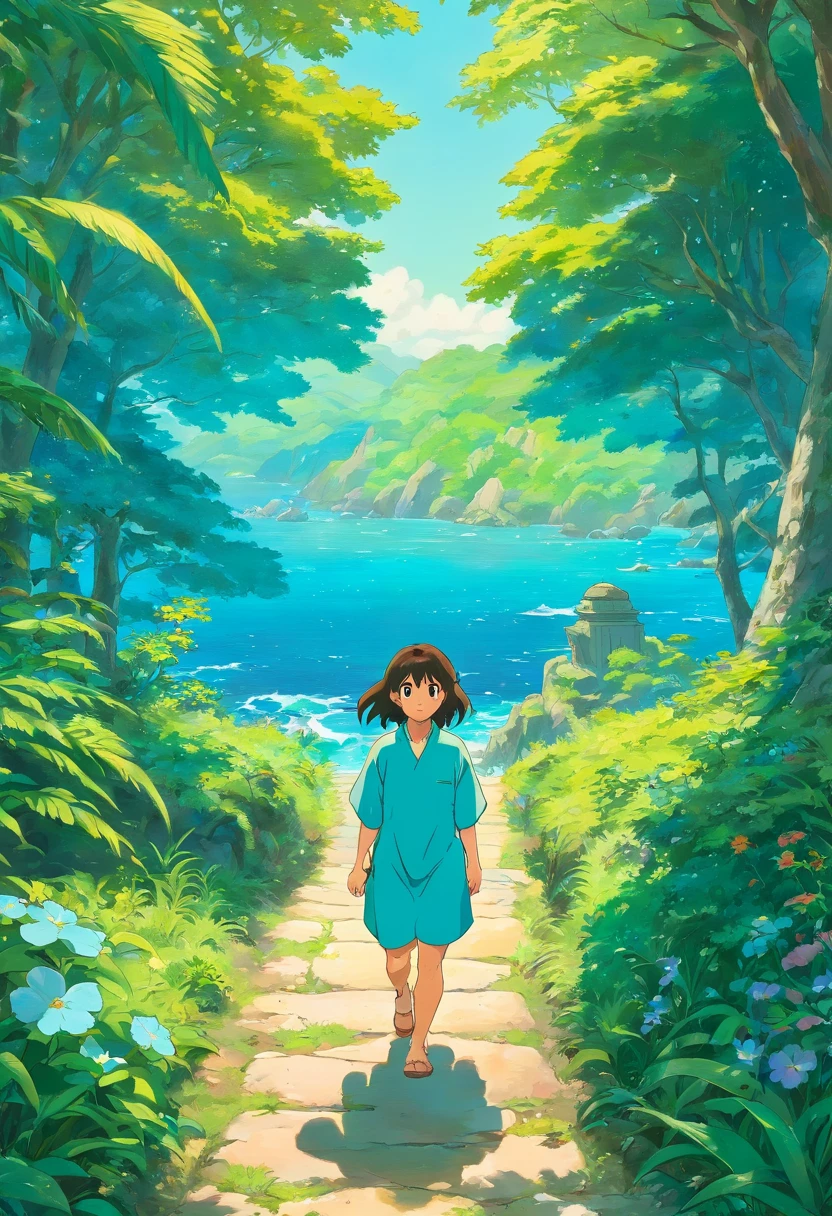 um homem de anime, no estilo de paisagens de jardim tranquilas, fotos coloridas animadas, Masami Teraoka, aquamarine, Paulo Gauguin, Estilo Embry, Retrato honesto