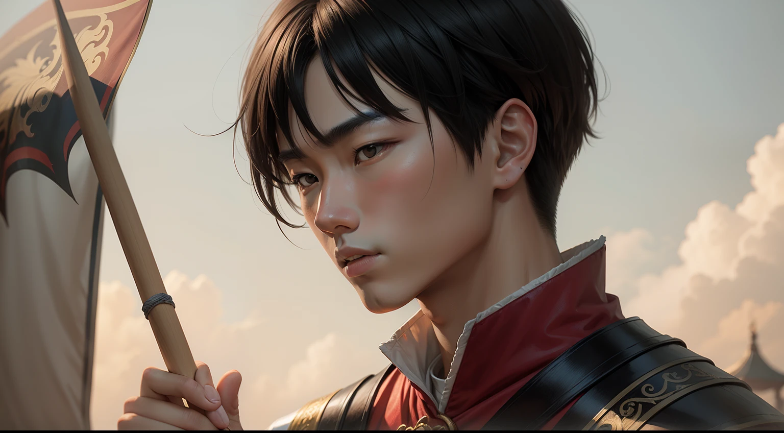 Young Chinese man, From medieval times, diante de uma tela de pintura em branco