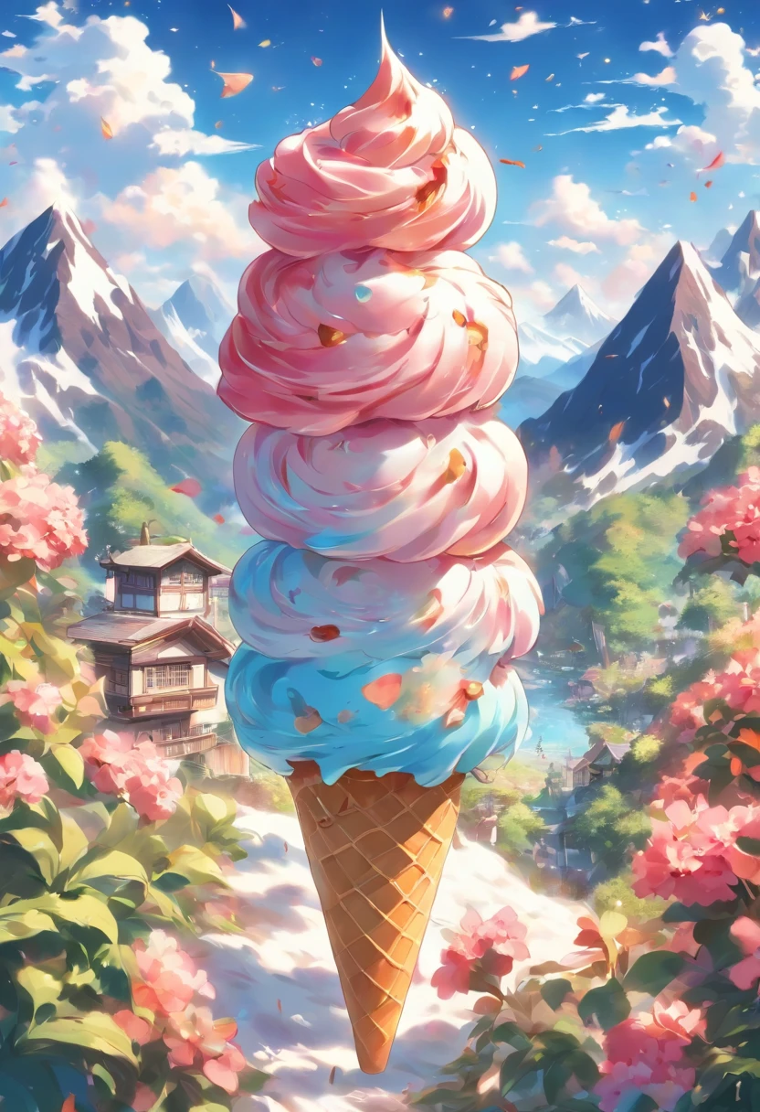,high high quality,8K,Many details,Ice cream is like a mountain,Little cherry,chocolate bar,The shape of the rotation is beautiful,adolable,Rich in color,Poster illustration,The foreground is surrounded by wildflowers,Advertising poster advertising promotion,Beautifully composed,Far Mountain,rosy clouds