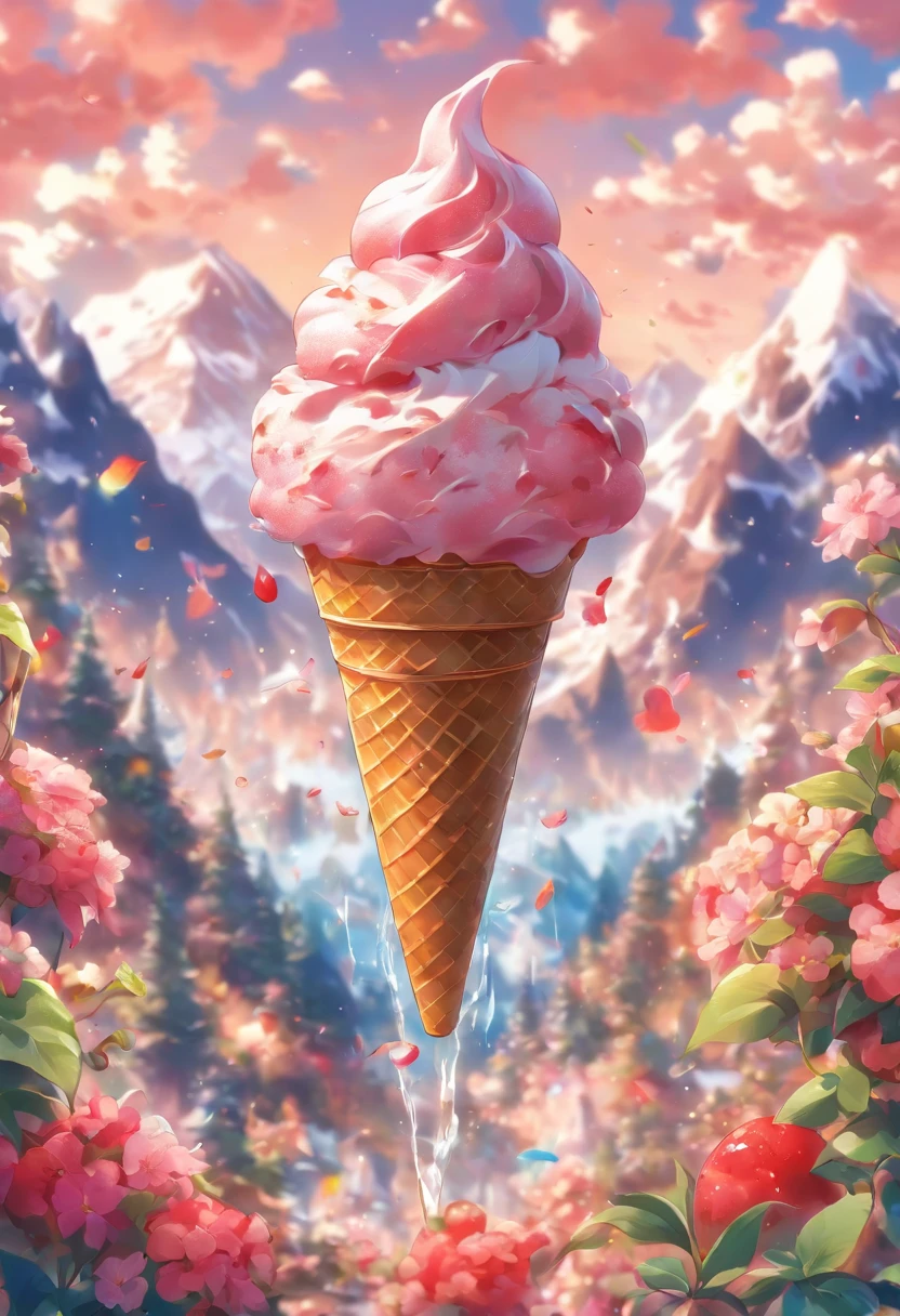 ,high high quality,8K,Many details,Ice cream is like a mountain,Little cherry,chocolate bar,The shape of the rotation is beautiful,adolable,Rich in color,Poster illustration,The foreground is surrounded by wildflowers,Advertising poster advertising promotion,Beautifully composed,Far Mountain,rosy clouds