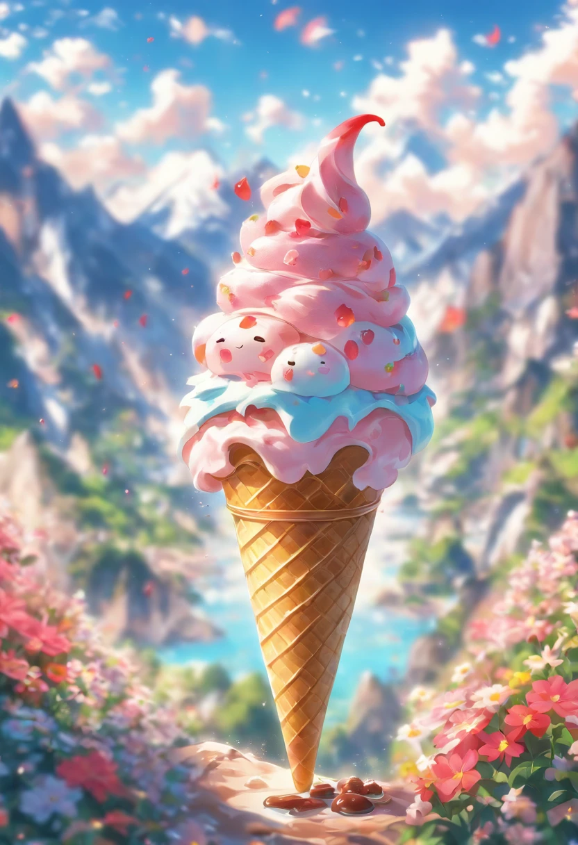 ,high high quality,8K,Many details,Ice cream is like a mountain,Little cherry,chocolate bar,The shape of the rotation is beautiful,adolable,Rich in color,Poster illustration,The foreground is surrounded by wildflowers,Advertising poster advertising promotion,Beautifully composed,Far Mountain,rosy clouds