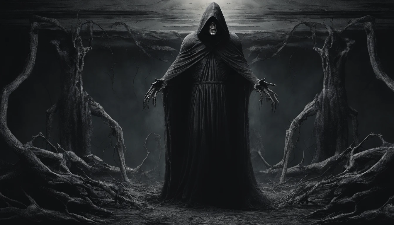 Create a high-definition (HD) illustration of a dark figure wearing a dark cloak. Its body is composed of bones, but not in a typical way; rather, bones are arranged in a terrifying manner, with human faces trapped within them. These faces depict the souls of those it has taken, expressing their sins, regrets, and screams of pain. The scene should convey a dark and eerie atmosphere with a color palette limited to black and gray. Additionally, the creature's own face should be distorted to the point of being unrecognizable, adding to the horror of the image, while emphasizing the haunting details of the bones and the souls trapped within them