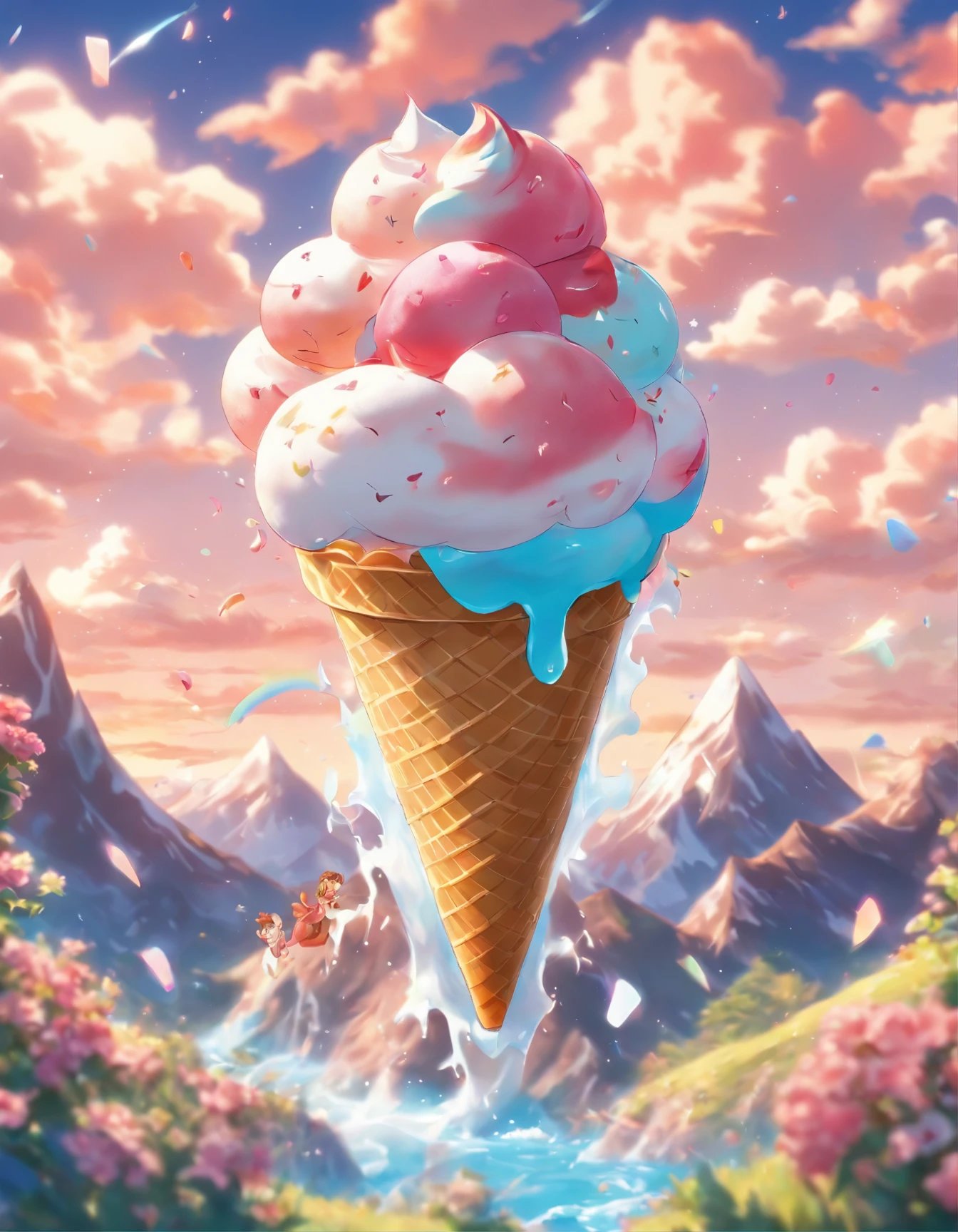 ,high high quality,8K,Many details,Ice cream is like a mountain,Little cherry,chocolate bar,The shape of the rotation is beautiful,adolable,Rich in color,Poster illustration,The foreground is surrounded by wildflowers,Advertising poster advertising promotion,Beautifully composed,Far Mountain,rosy clouds