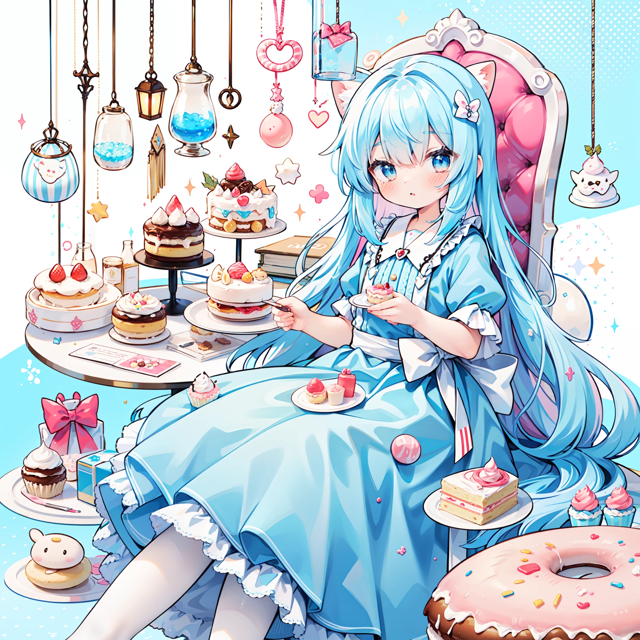 1girl in, ((alice in the wonderland))、long Brond Hair、fluffy hair、Blue eyes、cute little、Alice、Pastel muted colors,  Sitting on a throne made of sweets and pastries, For example, donut, sprinkle, candy, lollipop, candy cane, a cake, cupcake, Cake Pop, Ruffles and lace, polka dot,