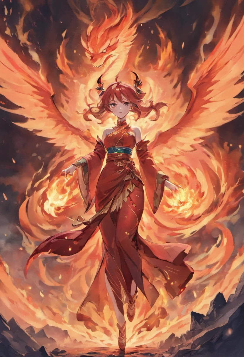 Draw a scene in which a woman personifies a dragon。Her skin is a scorching red、Her beautiful hair flutters like flames、On the back are spread mighty wings。Her eyes are different colors left and right、One of them shines with bright red crimson eyes.、His gaze is full of strength and seduction and he is smiling.。 She stood on the summit of Mount Everest.、Around it are erupting volcanoes and creatures that live in flames。In her hand was a sword of fire.、Cause a calamity of flames with a single swing。Lava melts with magma at your feet。 This scene is、Strength、knowledge、glamor、Sexiness、And symbolizing domination、It expresses the characteristics of a dragon by associating it with the beauty of a woman.。Draw the charm and power of a female dragon personification。