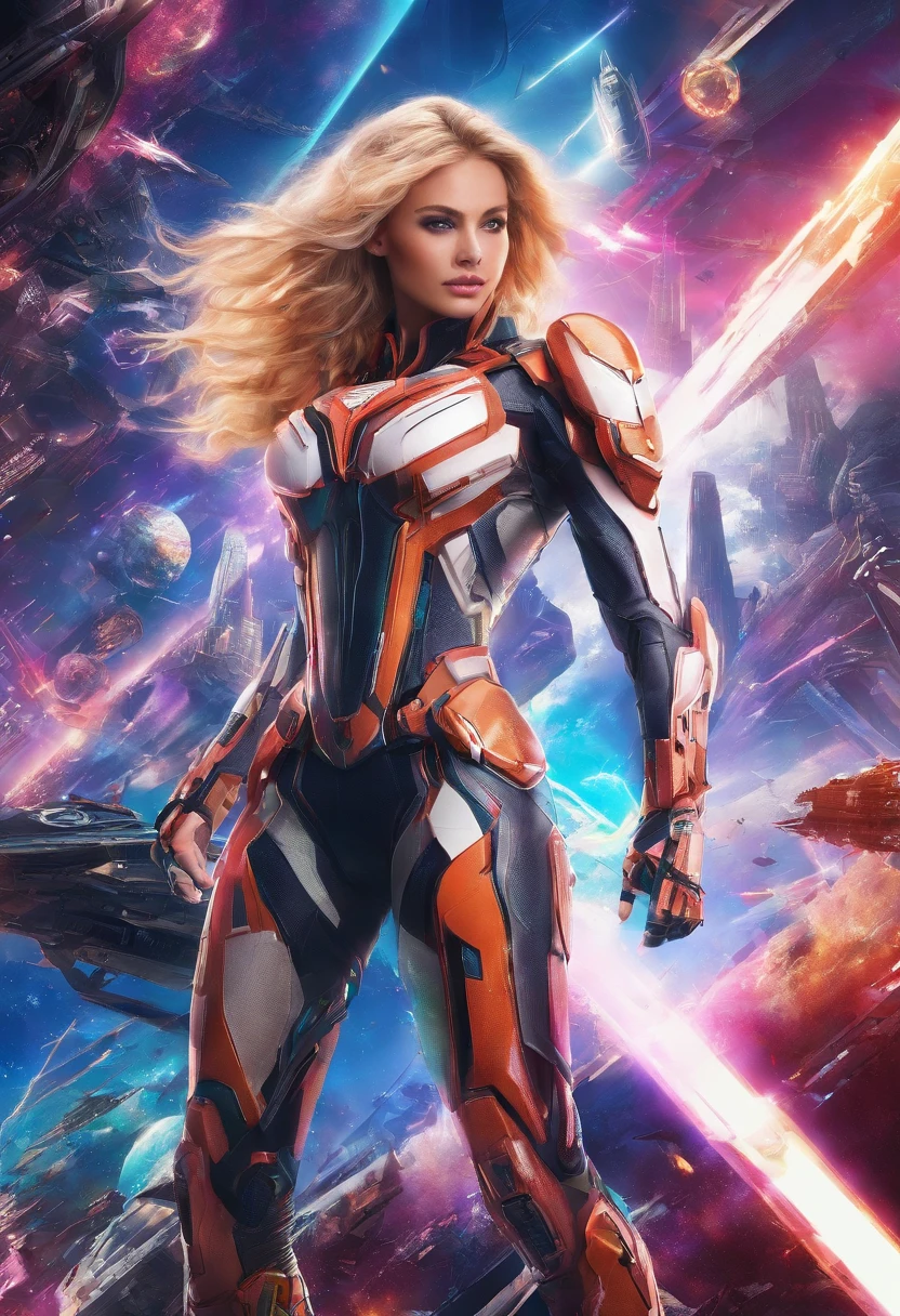 (Best Quality,4K,8K,hight resolution,masutepiece:1.2),Ultra-detailed,Realistic:1.37,Portrait,Action-packed,Superhero,Fantasy,Heroic,strength,energy,Beautiful detailed eyes,Beautiful detailed lips,Blonde hair,fierce look,athletic bodies,Stylish outfits,Glossy metallic armor,Dynamic Pose,cityscapebackground,neon light,explosions,flying debris,Vivid colors,Contrast lighting,Sharp Focus,Bokeh