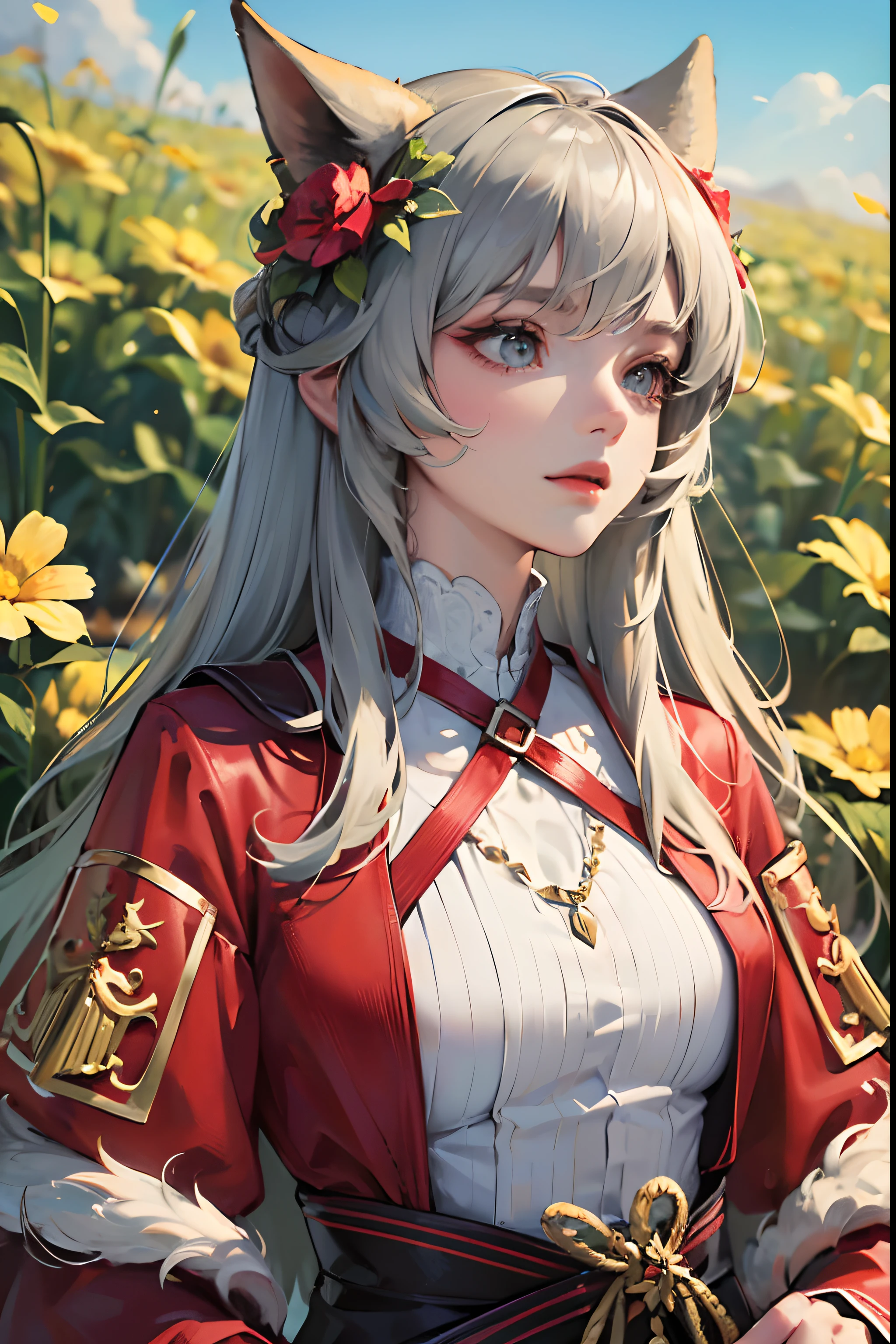 ((tmasterpiece)),(Best quality at best),(A half body),looks away,(ultra intricately detailed),(Highest definition),(8K),(Clean lines),(Perfect facial features,Perfect flesh),(offcial art),1girll,a druid,naturey,grassy,fresh flowers,Animal skins,shaggy,wildness,hermit,Characteristics of the beast