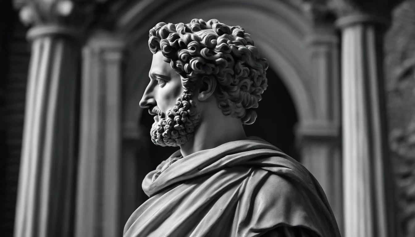 a portrait statue of the stoic Marcus Aurelius in black and white 4K,Face de lado, papel de parede super realista