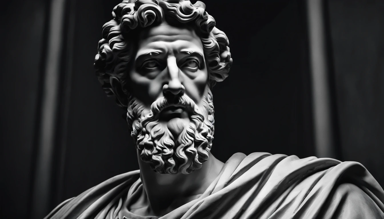 a portrait statue of the stoic Marcus Aurelius in black and white 4K,Face de lado, papel de parede super realista