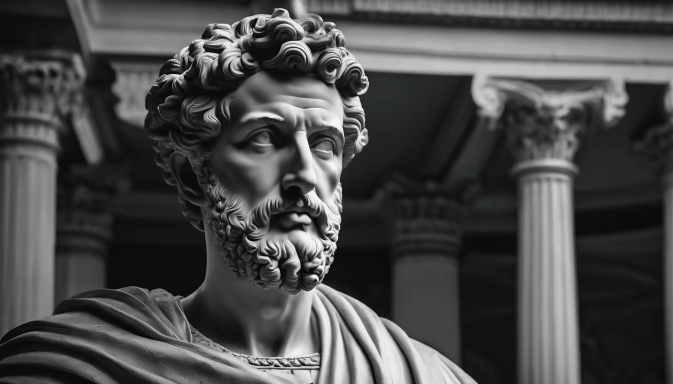 a portrait statue of the stoic Marcus Aurelius in black and white 4K,Face de lado, papel de parede super realista