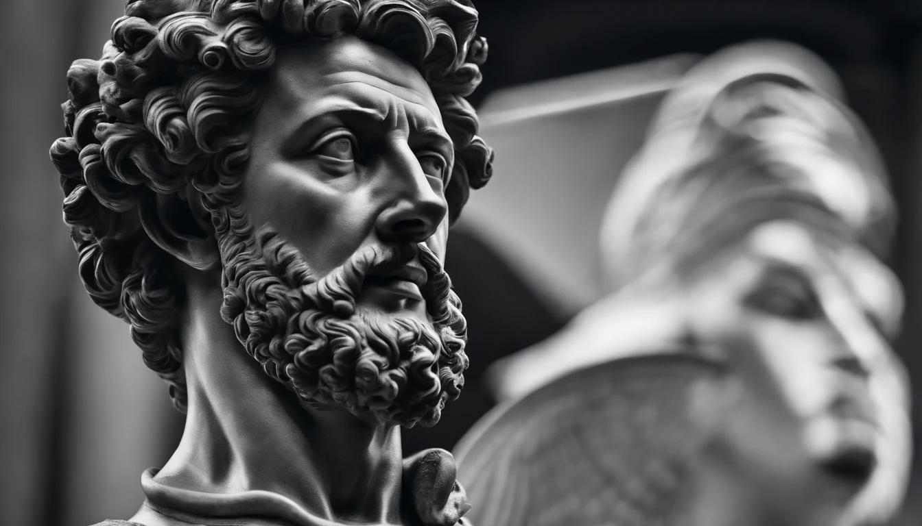 a portrait statue of the stoic Marcus Aurelius in black and white 4K,Face de lado, papel de parede super realista