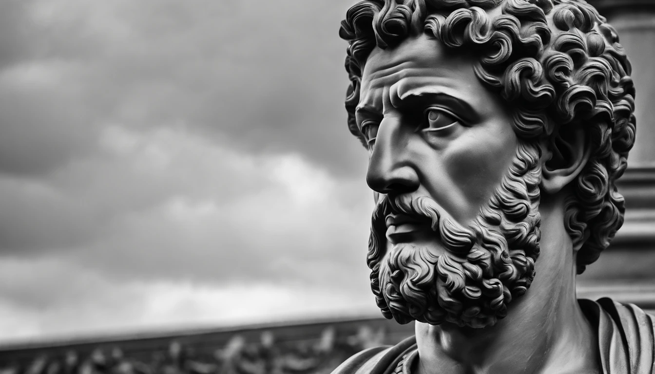 a portrait statue of the stoic Marcus Aurelius in black and white 4K,Face de lado, papel de parede super realista