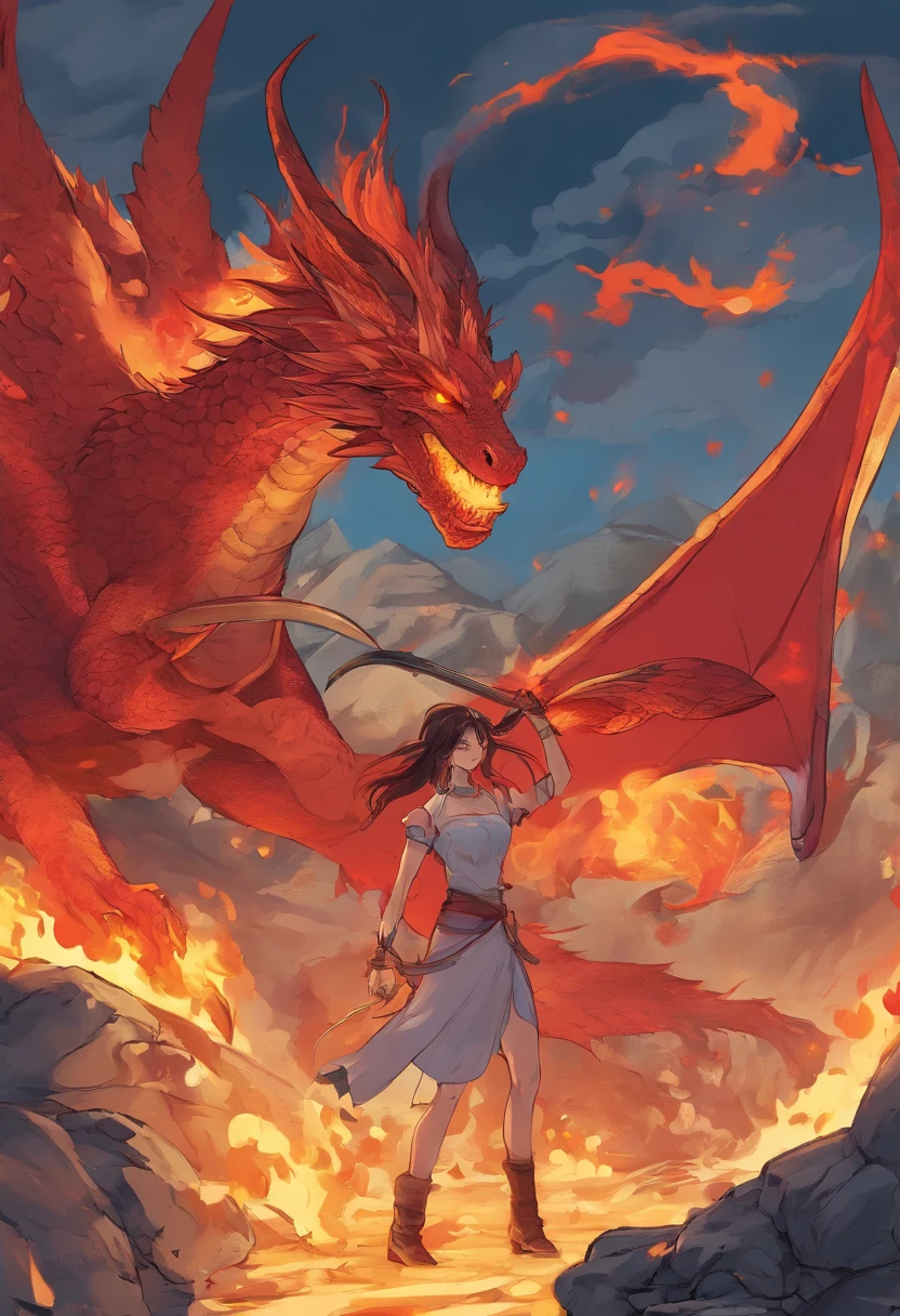 Draw a scene in which a woman personifies a dragon。Her skin is a scorching red、Her beautiful hair flutters like flames、On the back are spread mighty wings。Her eyes are different colors left and right、One of them shines with bright red crimson eyes.、His gaze is full of strength and seduction and he is smiling.。 She stood on the summit of Mount Everest.、Around it are erupting volcanoes and creatures that live in flames。In her hand was a sword of fire.、Cause a calamity of flames with a single swing。Lava melts with magma at your feet。 This scene is、Strength、knowledge、glamor、Sexiness、And symbolizing domination、It expresses the characteristics of a dragon by associating it with the beauty of a woman.。Draw the charm and power of a female dragon personification。