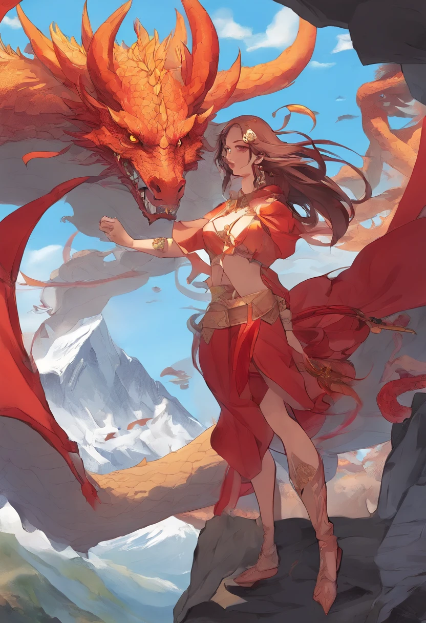 Draw a scene in which a woman personifies a dragon。Her skin is a scorching red、Her beautiful hair flutters like flames、On the back are spread mighty wings。Her eyes are different colors left and right、One of them shines with bright red crimson eyes.、His gaze is full of strength and seduction and he is smiling.。 She stood on the summit of Mount Everest.、Around it are erupting volcanoes and creatures that live in flames。In her hand was a sword of fire.、Cause a calamity of flames with a single swing。Lava melts with magma at your feet。 This scene is、Strength、knowledge、glamor、Sexiness、And symbolizing domination、It expresses the characteristics of a dragon by associating it with the beauty of a woman.。Draw the charm and power of a female dragon personification。