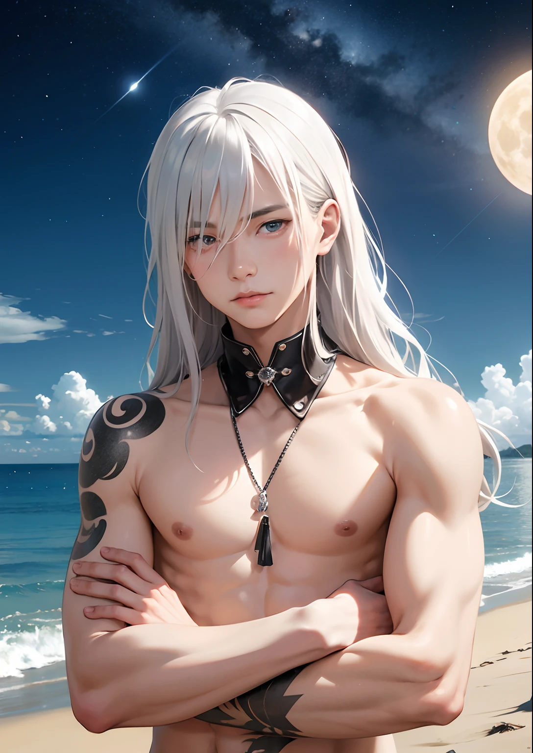 1boy,11 only、(Man's :2) ,Handsome boy,Silvery long-haired、 Collar,tattooed、Upper body naked、arms folded、Moon Night 、sand beach、hightquality、masutepiece,8K,