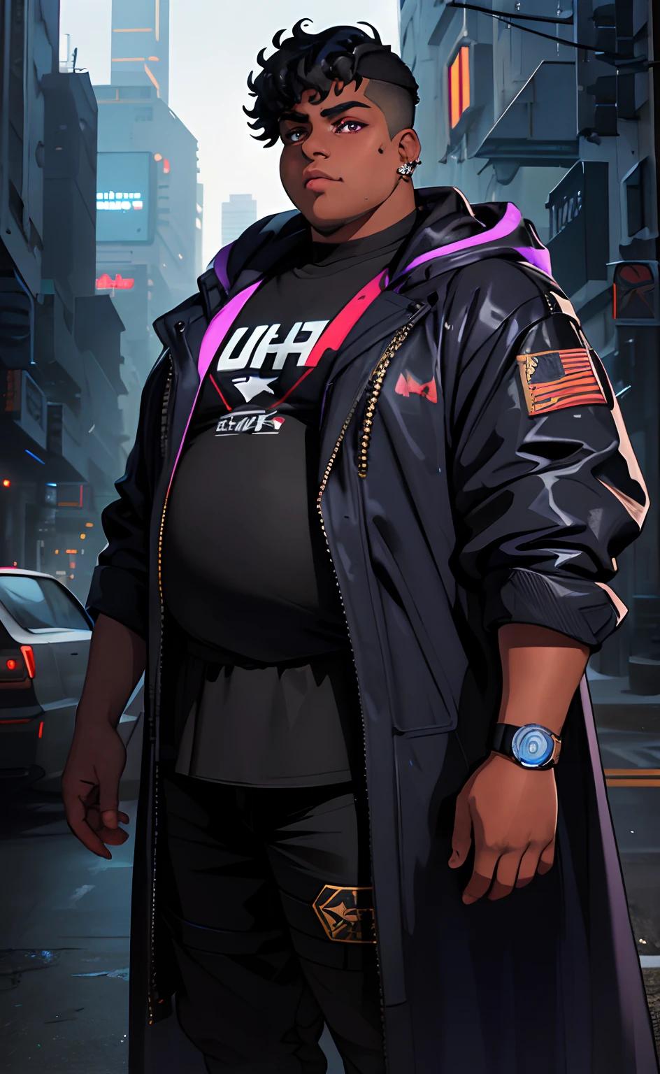 in the style of cyberpunk futurism, 1boy, man, young, teen, fat, obese, overweight, black skin, tanned skin, single male, curly hair, short hair, overcut hair, black hair, purple eyes, golden ear piercing, death eyes, navy blue cloak, sunset far off in background, film lighting, film shading, 4k, uhd, high definition, super detailed,downard angle, steelpunk, magical school backgroun