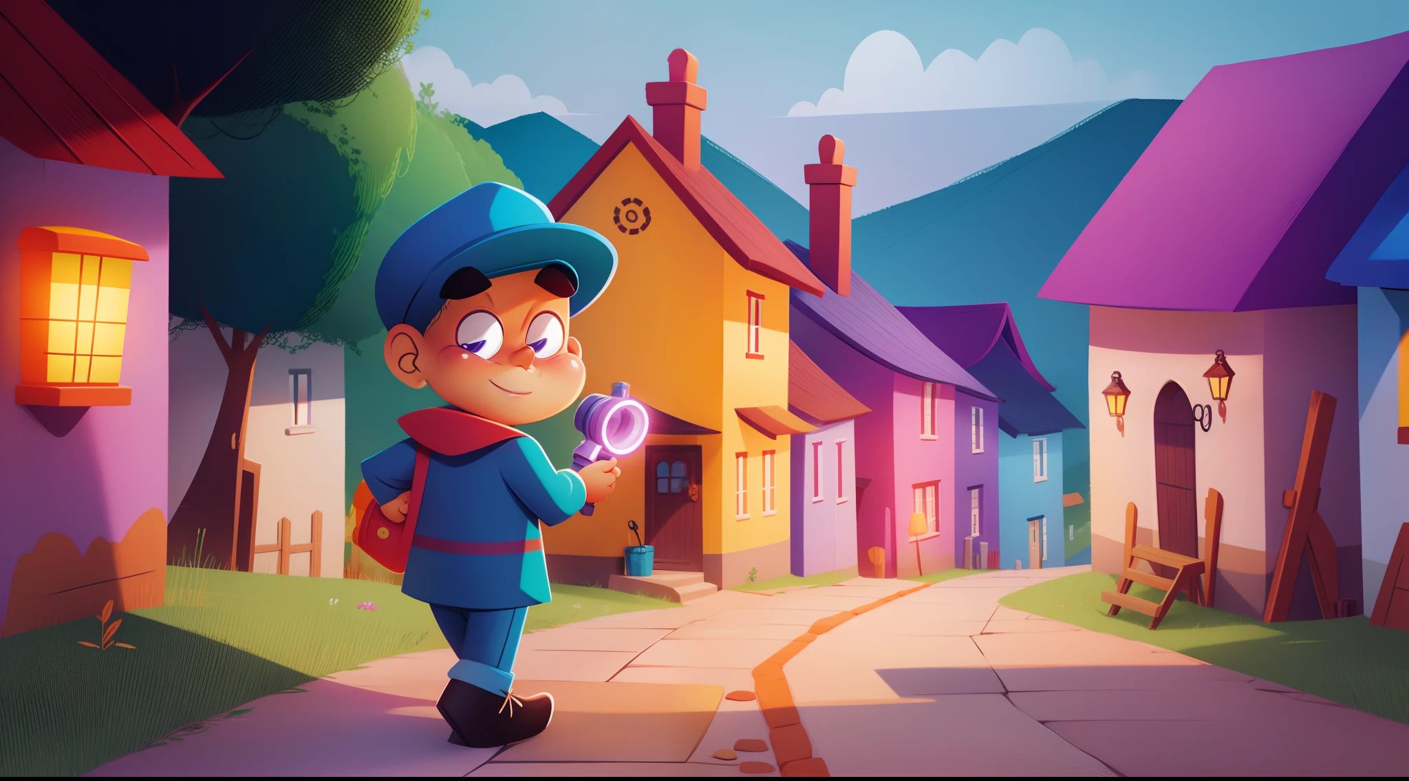 cartoon image, vibrant colors, Determined to solve the mystery, 4--old my grabbed his toy detective hat and his plastic flashlight. He went out to investigate, walked around the village and talking to the villagers.