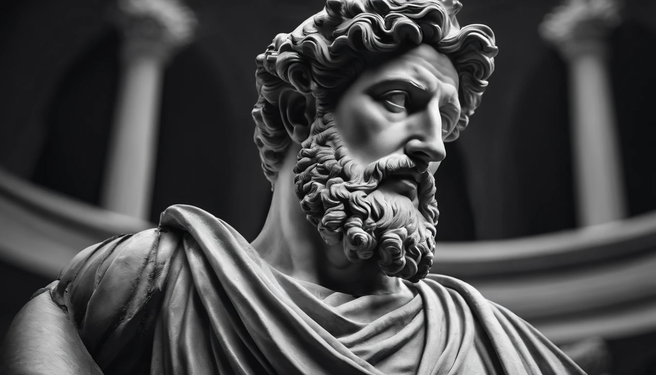 a portrait statue of the stoic Marcus Aurelius in black and white 4K,Face de lado, papel de parede super realista
