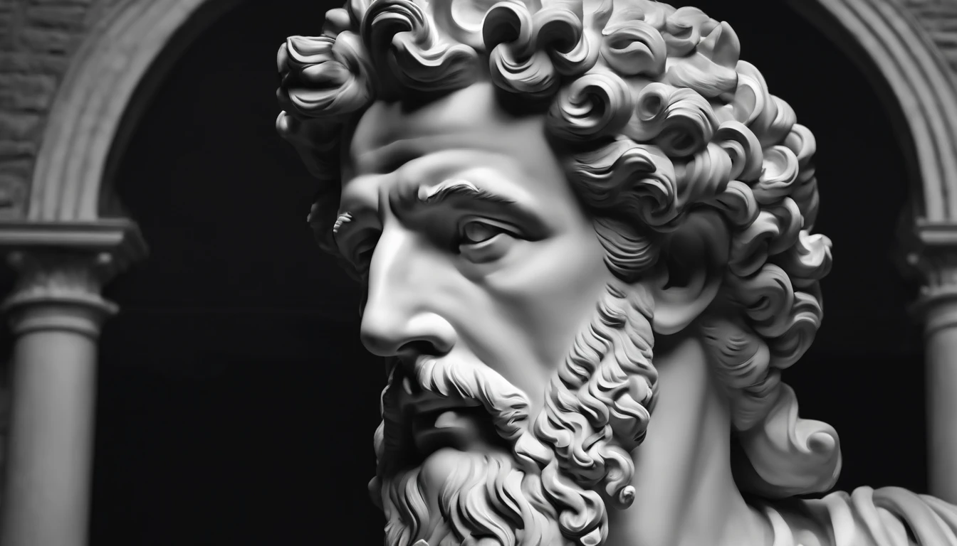 a portrait statue of the stoic Marcus Aurelius in black and white 4K,Face de lado, papel de parede super realista