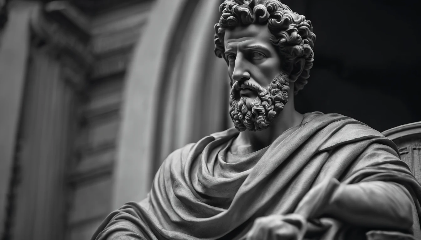 a portrait statue of the stoic Marcus Aurelius in black and white 4K,Face de lado, papel de parede super realista