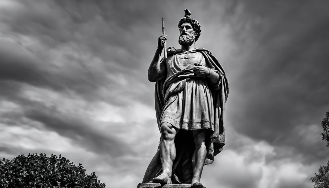 a portrait statue of the stoic Marcus Aurelius in black and white 4K,Face de lado, papel de parede super realista