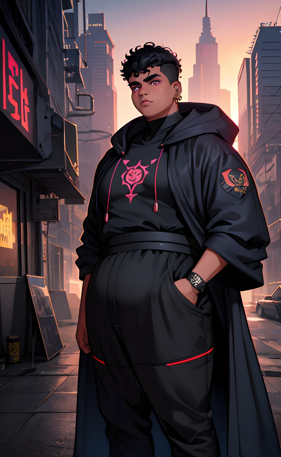 in the style of cyberpunk futurism, 1boy, man, young, , fat, obese, overweight, black skin, tanned skin, single male, curly hair, short hair, overcut hair, black hair, purple eyes, golden ear piercing, death eyes, navy blue cloak, sunset far off in background, film lighting, film shading, 4k, uhd, high definition, super detailed,downard angle, steelpunk, magical school backgroun