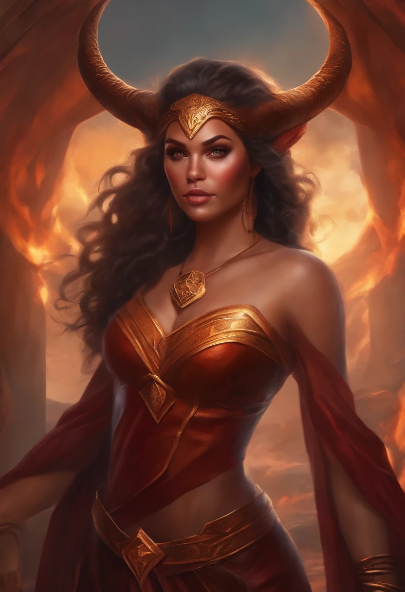 (a woman with fiery red hair and dark skin,fierce gaze,flowing robe:1.1,[portrait,sorceresysterious atmosphere,enchanted garden,glowing magical orbs,ancient ruins,fantastical creatures,spellbinding powers,ethereal beauty,[vivid colors,magical lighting],powerful presence,spellcasting)